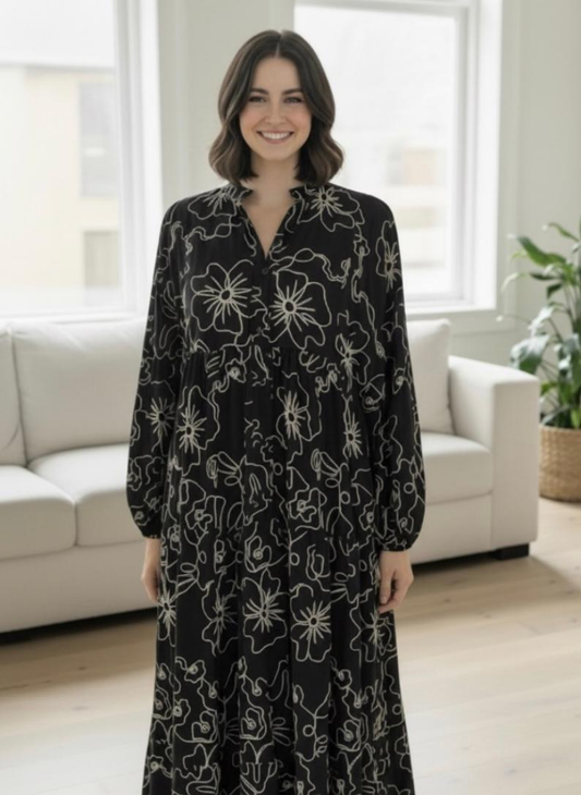 Black & Gold Flower pattern Maxi Dress