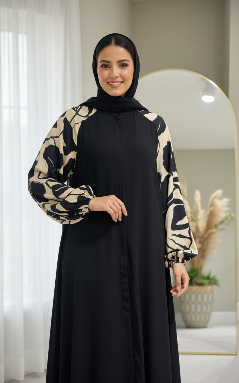 Oceanline Casualwear Beige floral zip abaya