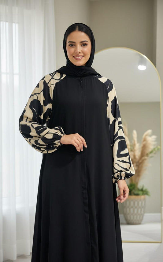 Oceanline Casualwear Beige floral zip abaya