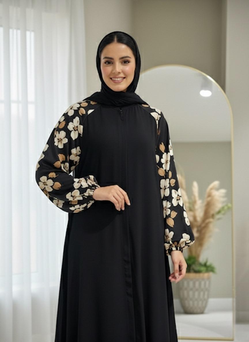 Oceanline Casualwear Beige & Brown Zip Floral Abaya