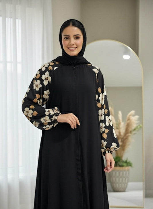 Oceanline Casualwear Beige & Brown Zip Floral Abaya
